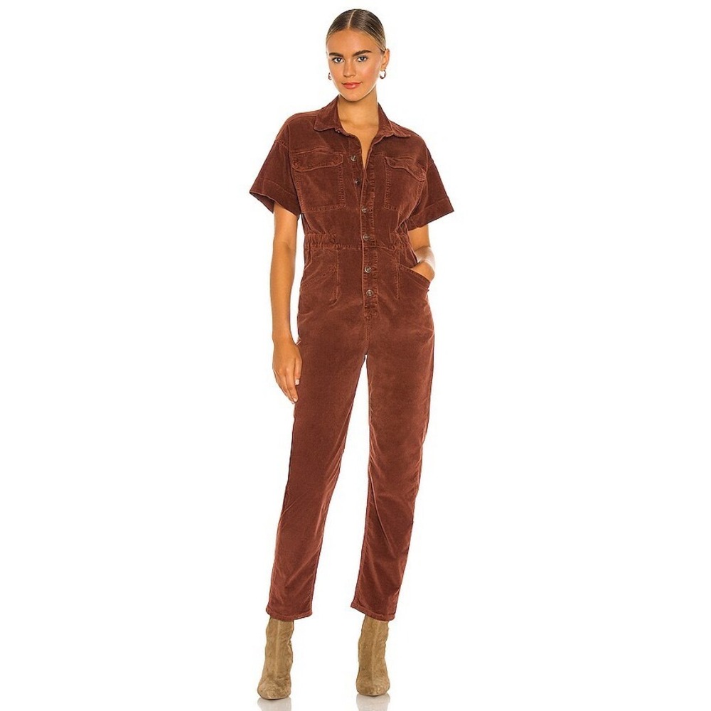 Free People We The Free Marci Cord Buttondown Jumpsuit Brown Small Utility